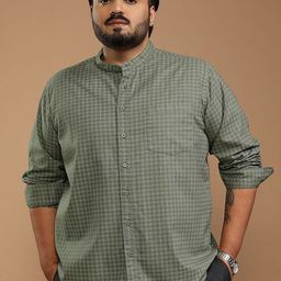 HIGHLANDER Men Checked Band Collar Plus Size Relaxed Fit Casual Shirt-picture-17