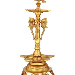 Exotic India Ten-Wicks Mayur Lamp With Stand Brass Pooja Essentials-image-71