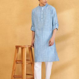 Fabindia Woven Design Band Collar Roll-Up Sleeves Cotton Straight Kurta-picture-34