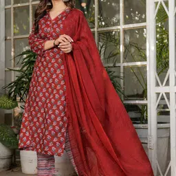 THE52 Floral Printed V-Neck Pure Cotton Straight Kurta With Trousers & Dupatta-image-12