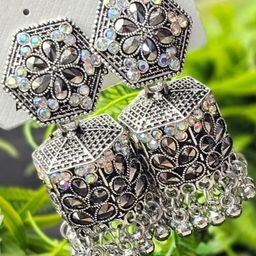 tulsi imitation Silver-Plated Stones Studded Floral Shaped Jhumkas-29