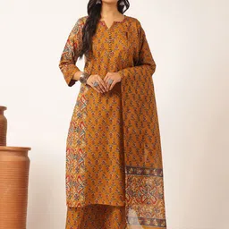 KALINI Floral Printed Pure Cotton Notch Neck Straight Kurta With Palazzos & Dupatta-image-87
