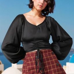 Kotty Women Solid V-NeckBishop Sleeves Satin Crop Top-image-25
