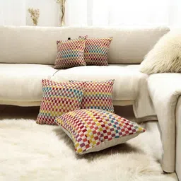 LUSHLYF Off White & Red 5 Pieces Checked Jacquard Square Cushion Covers-image-8