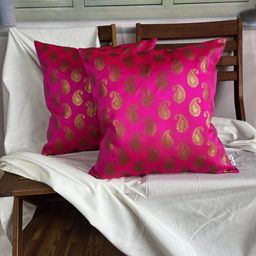 Pink Parrot Pink & Gold-Toned 2 Pieces Ethnic Motifs Jacquard Silk Square Cushion Covers-image-21