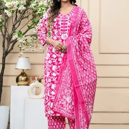 GEKHA Floral Printed Thread Work Pure Cotton Kurta With Trousers & Dupatta-picture-5