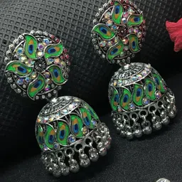 Soniya Crafts Artificial Stones Studded Ghungroo Beaded Dome Shaped Oxidised Jhumkas-0