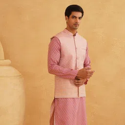 SOJANYA Floral Woven DesignMandarin Collar Straight Kurta With Churidar & Nehru Jacket-29