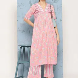 DIVASTRI Women Floral Printed Regular Pure Cotton Kurta with Trousers-image-12