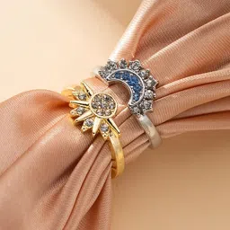 kazare Gold Plated & Silver Plated Stones Studded Sun & Moon Stackable Ring Set-47