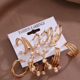 Celestique Set Of 9 Korean Gold-Plated Pearls Beaded Contemporary Half Hoop Earrings-15