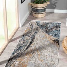 OBSESSIONS Blue & Cream Abstract Printed Bedside Floor Runner-25