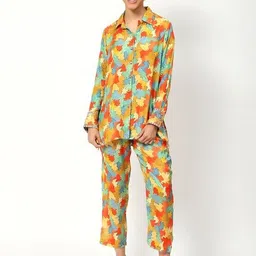 Moda Rapido Abstract Printed Shirt Collar Pure Cotton Top With Trousers-2
