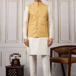 House of Pataudi Ethnic Sequinned Embroidered Kurta & Trousers With Nehru Jacket-image-43