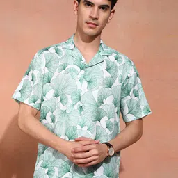 Here&now Men Classic Fit Floral Printed Cuban Collar Casual Shirt-image-100