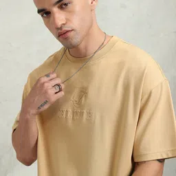 HIGHLANDER Men Cotton Oversized Extended Sleeves Brand Logo Printed T-shirt-image-94