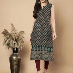 KALINI Floral Printed Notch Neck Sleeveless Cotton Straight Kurta-picture-22