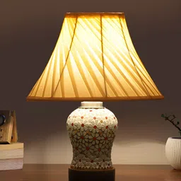 Devansh Off White Printed Frustum Shaped Wooden Table Lamp image 4
