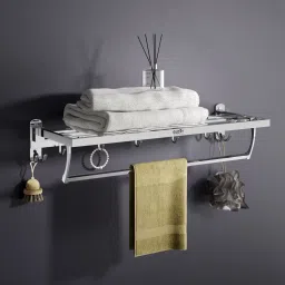 Silver Stylish Foldable Bathroom Towel Rack | Towel Stand with Hooks & Hanger Silver Towel Holder-image-81