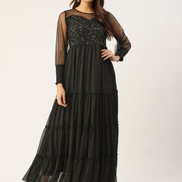 Antheaa Black Embellished Chiffon Maxi Dress-image-20