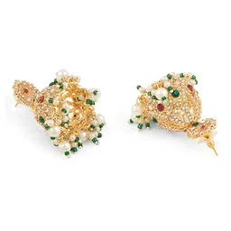 Zaveri Pearls Gold-Plated Dome Shaped Austrian Diamond Stone Studded & Beaded Jhumkas image 3
