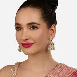 Zaveri Pearls Gold-Plated Dome Shaped Austrian Diamond Stone Studded & Beaded Jhumkas image 4