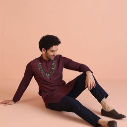 KISAH Paisley Woven Design Mandarin Collar Straight Kurta With Churidar & Nehru jacket-29
