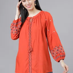 Vishudh Women Rust Orange Printed High-Low Top-image-32