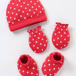 Babyhug 100% Cotton Cap Mittens & Booties Star Print Red - Cap Diameter 11 cm-image-22
