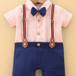Mark & Mia Half Sleeves Romper With Bow & Suspenders & Striped - Pink & Navy Blue-image-55