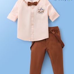 Babyoye 100% Cotton Full Sleeves Party Shirt & Trouser Set with Bow Tie & Suspenders - Pink & Brown-picture-10