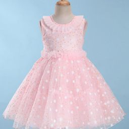 Bluebell Net Woven  Sleeveless Party Frock With Floral Glittery - Peach-image-73