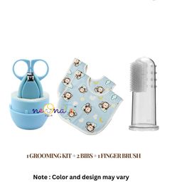 Neonate Care Baby Grooming Kit  Finger Brush and 2pc Bibs (Multi color)( color and design may vary)-image-40