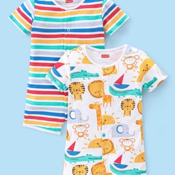 Babyhug 100% Cotton Knit Half Sleeves Romper Striped & Animal Print Pack of 2 - Multicolor-image-34