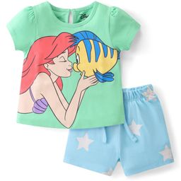 Babyhug Disney Cotton Knit Single Jersey Half Sleeve Night Suit With Disney Princess Graphics - Green & Blue-image-70
