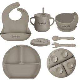 TONY STARK 6 Pcs Silicone Baby Feeding Set, BPA Free & Microwave Safe Dinner Tableware Kit - Feeding Bowl, Suction Plate, Cup, Spoon, Fork & Bib for Kids, Toddler (Grey)-27
