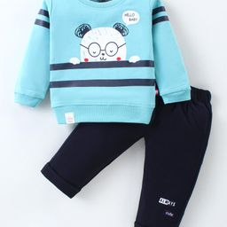 Mini Taurus Cotton Knit Full Sleeves T-Shirt & Lounge Pants Set With Teddy Print - Light Blue-image-86