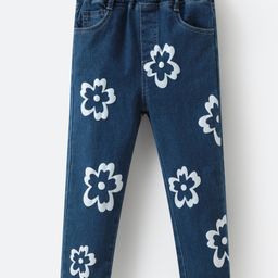 Kookie Kids Full Length Washed Denim Jeans With Floral Print - Blue-picture-15