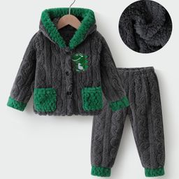 Kookie Kids Full Sleeves Hooded Front Open Winter Wear Set With Dino Applique - Charcoal Grey & Green-image-16