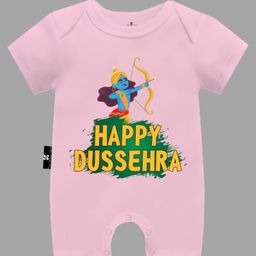 The Peppy Tend Dussehra Theme 100% Cotton Half Sleeves Happy Dussehra Text Printed Romper - Pink-picture-12
