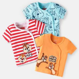 Babyhug Disney Interlock Knit Half Sleeves Striped Jhablas with Chip N Dale Print Pack of 3 - Oragne Red & Aqua Blue-image-99