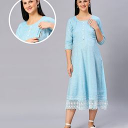 Dummy Shape Three Fourth Sleeves Textured Lace Work Detailed Flared Maternity Kurta With Concealed Zipper Nursing Access - Sky Blue-34
