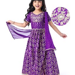 EARTHY TOUCH Single Jersey Knit Half Sleeves Floral Embroidered Choli Lehenga Set with Dupatta & Tassle Detailing - Purple-image-63