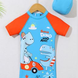 Babyhug Half Sleeves Legged Swimsuit with Cap Dino Print - Blue-image-55