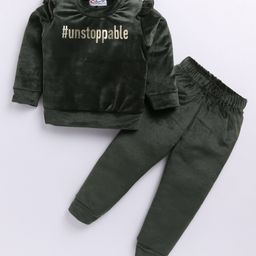 M'andy Velvet Full Sleeves Frill Detailed Unstoppable Foil Text Printed Coordinating Track Suit Set - Green-image-24