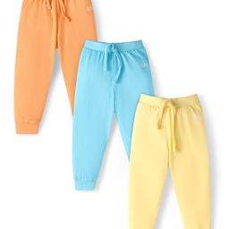 Babyhug Single Jersey Knit Full Length Lounge Pants with Logo Patch Pack of 3 - Blue Lemon & Orange-image-123