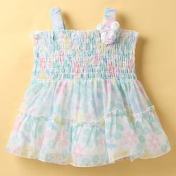 Dew Drops Organza Woven Sleeveless Smocked Frock with Floral Print - Aqua Blue-image-20