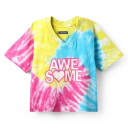 Pine Kids Cotton Knit Half Raglan Sleeves Tie & Dye T-Shirt with with Text Print - Yellow Pink & Light Blue-image-17