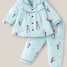 Mom's pet Cotton Knit Full Sleeves Penguins Printed Coordinating Shirt Pajama Set - Green-image-95
