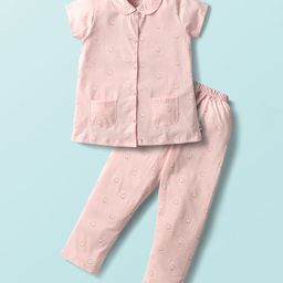Teddy Cotton Knit Front Open Half Sleeves Co-ords Night Suit With Cat Print - Light Pink-image-64